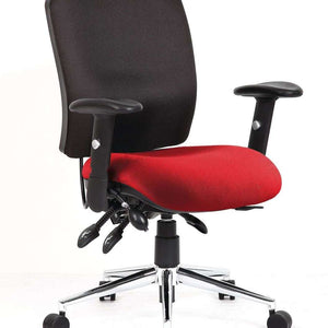 Showing the bergamot cherry coloured foam contoured seat with black fabric contoured backrest, for extra comfort and support.