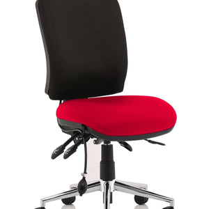 Showing the Bergamot cherry contoured cushioned seat and contoured black fabric backrest for extra comfort and support.