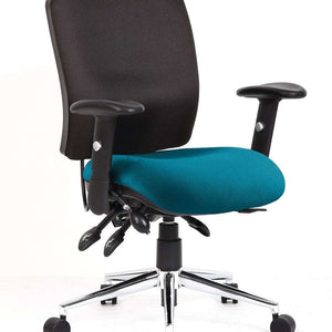 Showing the Maringa teal coloured fabric foam contoured seat with black foam contoured backrest with extra comfort and support with armrests.