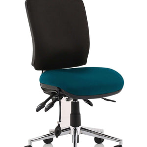 Showing the maringa teal coloured foam contoured seat with cushioned foam black fabric backrest.for extra comfort and support.