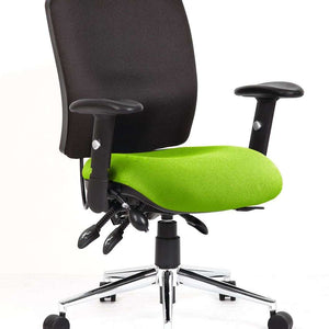 Showing the myrrh green coloured contoured foam seat with black foam contoured backrest ,with armrest.