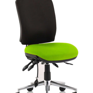 Showing the myrrh green coloured fabric contoured foam cushion seat with black contoured foam padded backrest for extra comfort and support.with a polished 5 star chrome base.