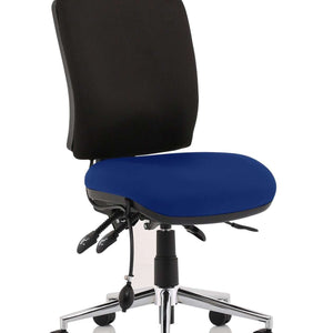 Showing the stevia blue coloured fabric foam seat with black contoured backrest, without armrests.