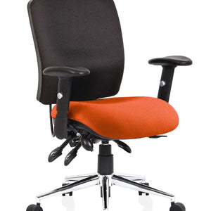 Showing the Tabasco Orange coloured fabric contoured seat with black conyoured padded backrest. with armrests.