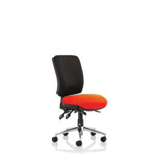 Showing the Tabasco Orange coloured foam padded seat with black contoured foam cushioned backrest without armrests.