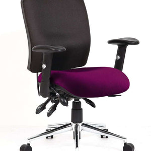 Showing the Tansy Purple coloured fabric foam padded seat with black padded foam backrest with armrest with extra comfort and support.