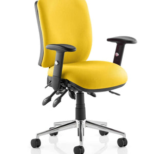 Close up of the senna yellow coloured fabric contoured seat ,with padded contoured backrest , with armrests.