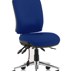 Showing the blue coloured fabric contoured seat and contoured backrest. for extra comfort and support.without armrests.