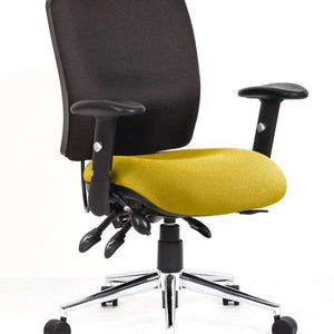 Close up of the senna yellow coloured fabric seat cushion,with black fabric contoured backrest, with armrests.