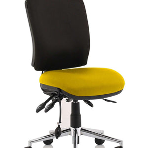 Close up of the senna yellow coloured fabric seat cushion ,with black fabric contoured backrest, without armrests.