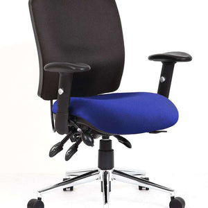 Close up of the Stevia Blue coloured fabric cushioned seat with black contoured backrest.with armrests.