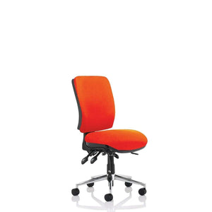 showing the tabasco orange fabric chiro medium operators chair , without armressts, and has a polished 5 star base with castor wheels.