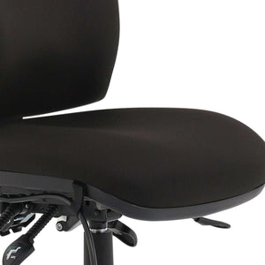 Close up of the black contoured seat and contoured backrest with triple levers.