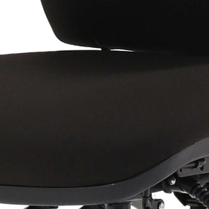 close up of the contoured black fabric seat of the chiro medium back operators chair.