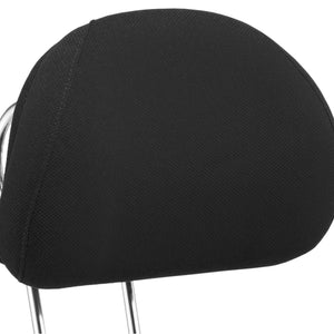 Close up of black headrest on dual chrome curved support posts and is adjustable for height and angle ,with extra padding shape.and cushioned.