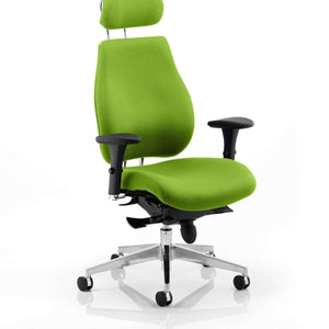 The chiro plus headrest comes in stylish dual chrome curved support posts, softly upholstered shaped for comfort fully adjustable to fit all chiro plus chairs  in myrrh green coloured fabric  .