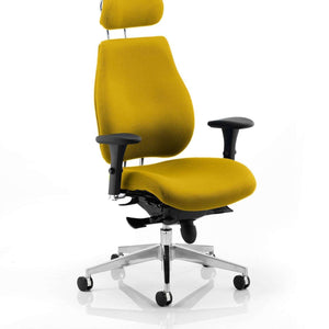 Showing the senna yellow chiro plus headrest comes in stylish dual chrome curved support posts, softly upholstered shapped for comfort , fully adjustable to fit all chiro plus chairs.