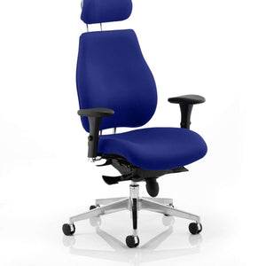 Showing the stavia blue fabric stylish dual chrome curved support posts, softly upholstered headrest ,shaped for comfort ,fully adjustable to fit all our chiro plus chairs in various colours.