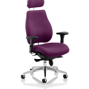 Showing the bespoke tansy purple coloured fabric softly upholstered headrest shaped for comfort fully adjustable  to fit all chiro plus chairs and comes in various colours.