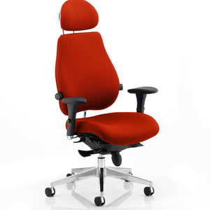 Showing the tabasco orange fabric colour softly upholstered headrest shaped for comfort fully adjustable to fit all chiro -plus chairs