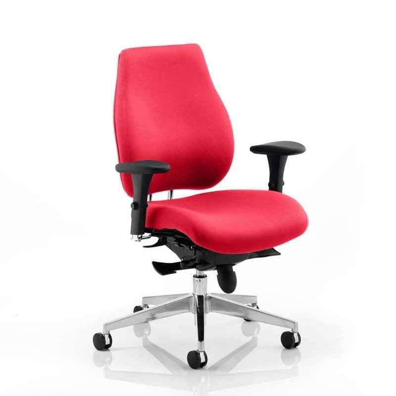 Showing the bespoke bergamot cherry coloured fabric chiro  plus posture chair witrh height adjustable backrest with fixed lumbar support contoured foam seat and back for extra support and comfort.has chrome 5 star base with castor wheels.