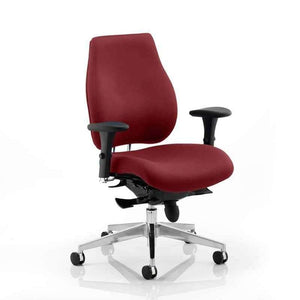 Showing the ginseng chilli coloured fabric chiro plus posture chair , showing the chrome 5 star base with castor wheels.