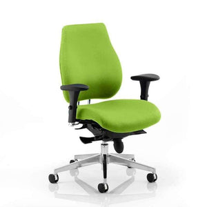 Showing the myrrh green coloured fabric chiro plus chair , showing the chrome 5 star base with castor wheels.