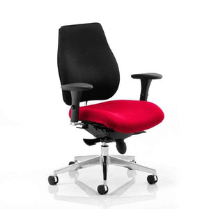 Showing the bergamot cherry fabric seat cushion and black fabric backrest.with chrome 5 star base with castor wheels.