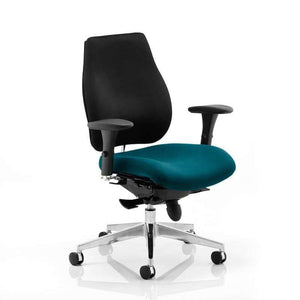 right angle of the maringa teal coloured fabric seat with black fabric cushioned backrest. with 5 star chrome base and castor wheels.