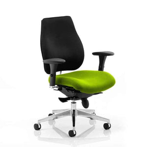 Right angle of the myrrh green coloured fabric cushioned seat with black fabric with cushioned contoured backrest. and chrome 5 star base with castor wheels.