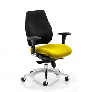 Right anngle view of the senna yellow fabric cushioned seat with black fabric contoured backrest , with chrome 5star base.