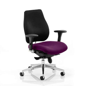 Right angle of the tansy purple coloured fabric cushioned seat with black fabric contoured backrest. with chrome 5 star base .