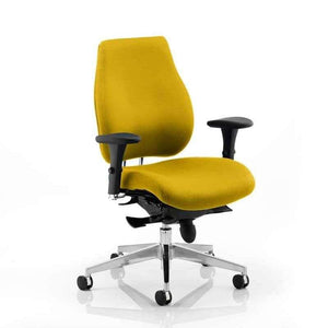 side vie of the senna yellow fabric coloured seat cushion and contoured backrest, with chrome 5 star base with castor wheels.