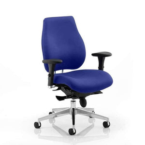 Showing stevia blue fabric chiro-plus posture chair  cushioned seat and curved backrest.