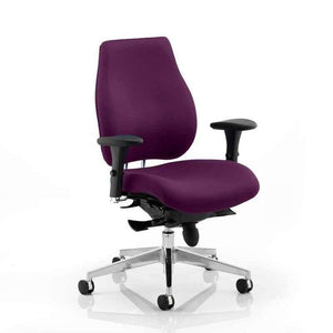 showing the tansy purple fabric cushioned seat and contoured backrest  with chrome 5 star base  with castor wheels.