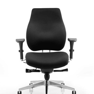 Full view of the black fabric contoured backrest and contoured seat with extra comfort and support.