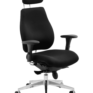 Side view of the black fabric  contoured foam seat with contoured backrest with adjustable headrest for height and angle extra deep padding shape.