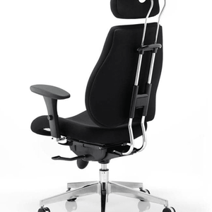 Side angle of the chiro plus posture chair with dual chrome curved support posts.