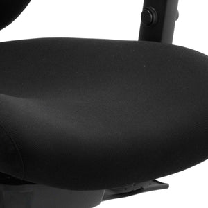 Close up of the contoured black fabric foam seat  for extra comfort and support.