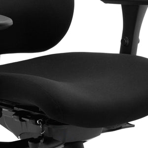 Close up of the contoured black foam fabric seat for extra comfort and support.