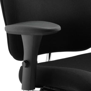 close up of the armrest and contoured seat and backrest in black fabric.