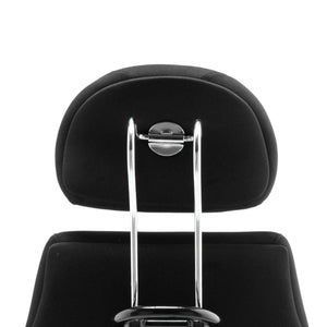 Showing the back of the chiro plus posture chair with the dual chrome curved support posts.