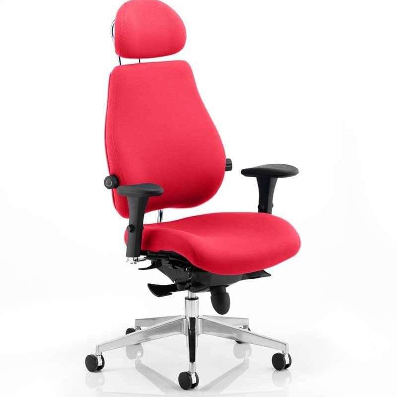 The  chiro plus ultimate home office chair  is the bergamot cherry coloured fabric  with adjustable padded headrest height adjustable backrest with depth adjustable lumbar support contoured foam seat and back for extra comfort and triple lever polished chrome 5 star base.