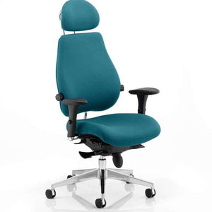 Showing the chiro plus ultimate home office chair in Maringa Teal coloured fabric with contoured padded seat and backrest for extra comfort and support. and dual chrome curved support posts ans cushioned headrest . with polished chrome 5 star base.