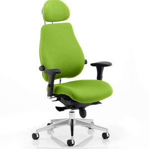 Right angle of the chiro plus ultimate home office chair in Myrrh Green coloured fabric contoured foam seat and backrest, for extra comfort and support, and curved padded headrest for support, with polished 5 star chrome base.