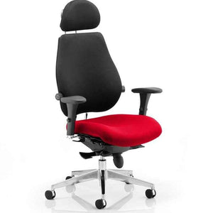 Showing the chiro plus ultimate home office chair  with Tabasco Orange coloured padded fabric seat and contoured padded black fabric backrest and black fabric contoured headrest.