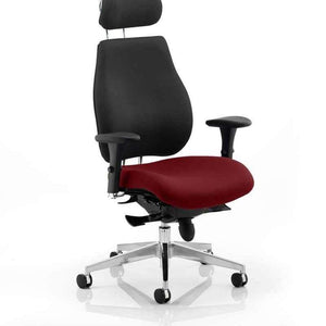 Showing Ginseng Chilli coloured foam padded seat cushion with black padded fabric contoured backrest with black fabric contoured adjustable headrest. with  polished chrome 5 star base.