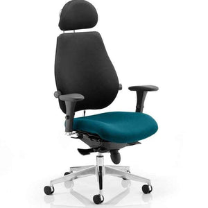 Showing maringa teal coloured padded foam seat cushon with padded black backrest with black padded adjustable headrest.