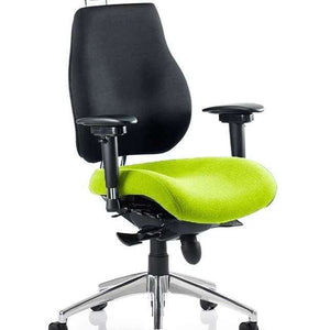 Showing the myrrh green  coloured foam seat with black padded heightadjustable back rest  with black fabric adjustable headrest to  ensure best fit.