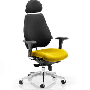 showing the senna yellow coloured padded foam seat and black foam padded backrest with curved padded adjustable headrest.